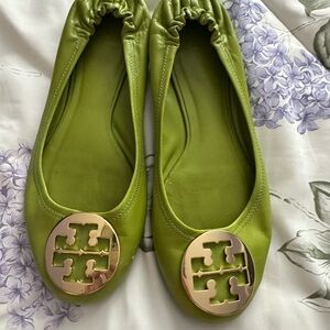 Tory Burch Lime/ Olive Flats with Gold Emblem